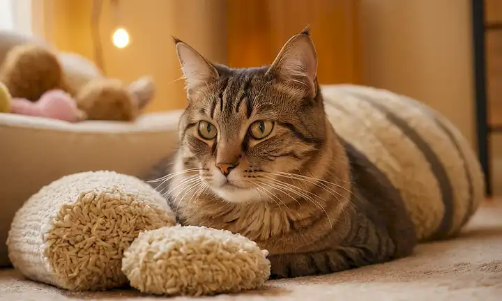 Un disparo de cerca de una cara de gatos chubby con una expresión ligeramente culpable, tumbado en un cojín suave en un ambiente cálido y acogedor salón, rodeado de juguetes, rayas postes y golosinas, con unas pocas hebras de piel fuera de lugar para transmitir la idea de una mascota que ha sobredulzado