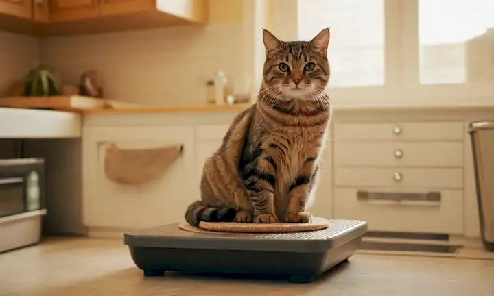 Un gato alegre y plomero sentado en una escala, rodeado de un mostrador de cocina con cuencos de comida y agua, un post de rasguño en la esquina, y un fondo borroso con un tono cálido y soleado