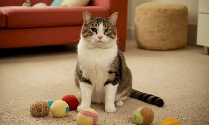 Un grifo, gato adulto con un vientre redondeado y patas en sus patas traseras, sentado en un sofá o piso alfombrado, rodeado de migajas y chatarras de una comida cercana, con unos pocos juguetes de gato dispersos en el fondo, y un sutil toque de residuos de comida alrededor de la boca