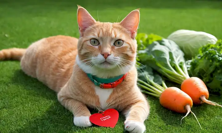 ilustración 3D de un gato feliz saltando en la hierba, usando un collar colorido y una etiqueta con forma de corazón, rodeado de verduras frescas como zanahorias y verdes frondosos, y una pequeña bola o juguete cerca para sugerir ejercicio moderado