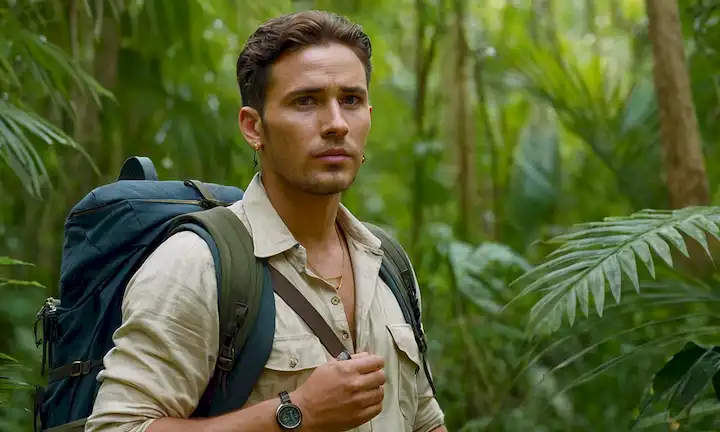 Explorador del siglo XVIII en atuendo colonial, de pie con confianza, rodeado de exuberante follaje de la selva verde, con una mochila, brújula y mapa en la mano, con un pendiente dorado y una expresión curiosa, en contra de un cálido fondo naranja-amarillo
