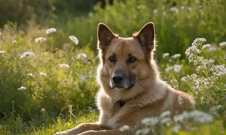 Una luz cálida y suave, un entorno natural calmante, como un prado o un bosque, con una criatura tranquila como un perro o un gato sentado cómodamente, rodeado de flores, hierbas o hojas, transmitiendo un sentido de serenidad y tranquilidad