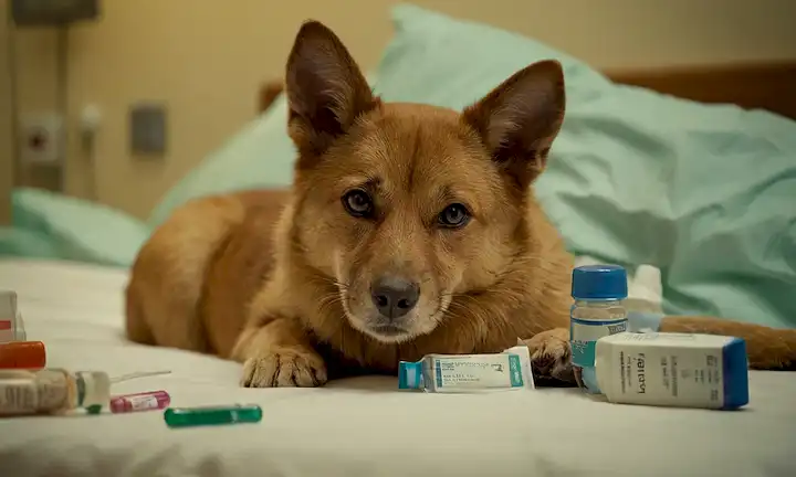 un gato o perro de aspecto preocupado en una cama hospitalario con un tubo IV apegado a su pata, rodeado de botellas de medicina y paquetes de píldoras vacías, con una imagen débil de un signo de advertencia en el fondo, acompañado por una sombra débil de un médico que mira preocupado, en medio de un efecto borroso sutil