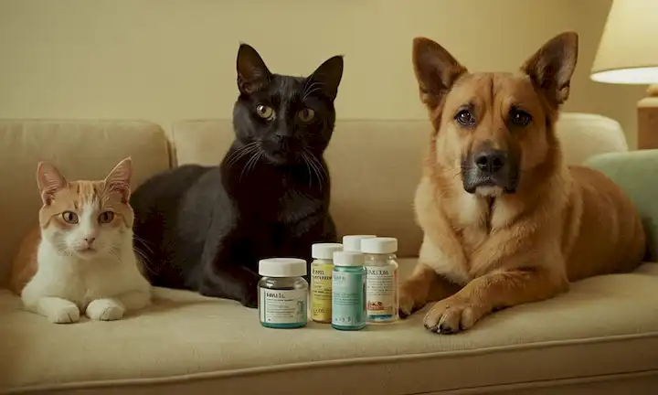 2 gatos lindos y un perro juguetón sentado en un sofá con un armario de la medicina o cajón ligeramente abierto en el fondo, unas cuantas botellas de píldora dispersa alrededor de ellos, y una expresión preocupada en sus caras
