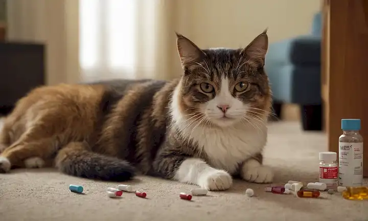 Un lindo gato y perro acostados al lado del otro, rodeado de botellas y píldoras de medicamentos, con una expresión preocupada en sus caras, en medio de un desordenado salón o dormitorio de fondo, transmitiendo un sentido de confusión y daño potencial, con una sombra débil o reflejo de un veterinario en la esquina