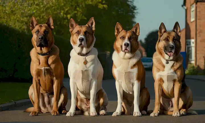 3 perros grandes, musculosos con miradas intimidantes, 1 dueño calmado pero alerta, un entorno callejero suburbano, luz solar de la noche, sombras arrojadas sobre el pavimento, banderas británicas sutilmente en el fondo, y un ambiente de tensión