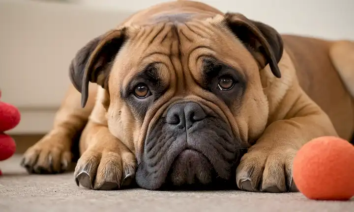 Un perro grande, musculoso con una cara arrugada y una expresión suave, acostado en una superficie suave, rodeado de juguetes y golosinas, con un fondo sutil borroso, capturando un momento de calma y contentamiento