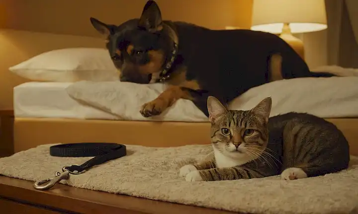 Una persona suavemente pelando un cuello gatos con un paño suave, en el fondo un perro se ve acostado en una cama con su correa colgando del lado, la iluminación cálida y un ambiente acogedor, texturas sutiles y colores