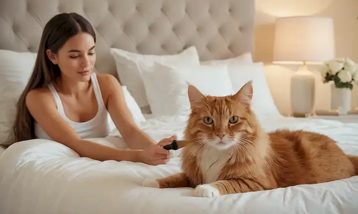 Una mujer de aspecto suave que sostiene un cepillo suave, junto a un gato y un perro acostado en una cama blanca limpia, rodeado de almohadas suaves, con un pelo de mascotas sutil diseminado alrededor, transmitiendo una sensación de facilidad y limpieza, iluminación cálida con una paleta de color relajante, enfoque suave y un ambiente calmante