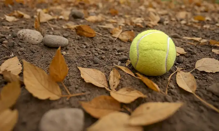 Una pata de perros desordenados con suciedad, ramitas y pequeñas rocas pegadas en ella, junto a una pelota de tenis desgastada, rodeada de hojas dispersas, con un fondo borroso de un parque o patio trasero