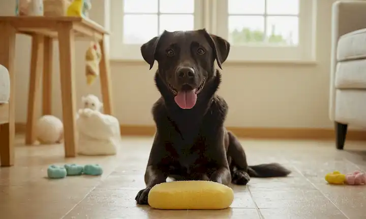 Un perro feliz sentado en un piso limpio, patas perfectamente arregladas, con burbujas de jabón y agua cercana, una esponja o tela en la mano, rodeado de algunos juguetes o golosinas, iluminación natural con tonos cálidos