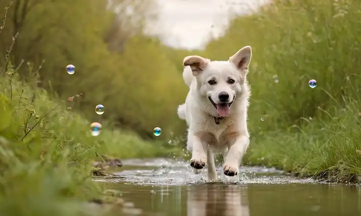 Mandíbulas de perro limpias con burbujas de jabón, un perro feliz de pie en las patas traseras, una suave corriente corriendo en el fondo, unas pocas hojas y ramitas diseminadas alrededor, un efecto de enfoque suave, iluminación caliente, un prado verde, unas pocas nubes suaves, una pequeña escoba cercana