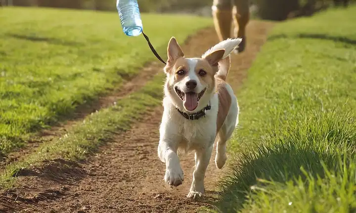 perro feliz corriendo en el parque, patas fangosas, dueña de correa, tela limpia y botella de agua cerca, sol y césped verde, ligero borrón para transportar movimiento