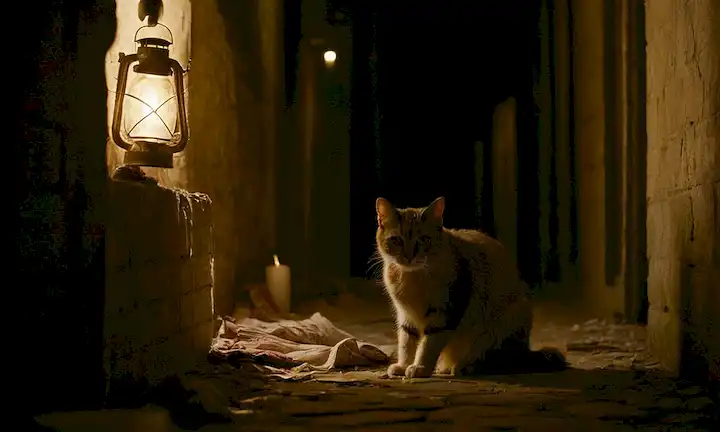 Una escena de callejón oscuro con un gato usado, batido en el marco central, ojos brillando de forma erica, rodeado de tela rota, vidrio destrozado y sombras extrañas; una débil luz de luna arrojando un ambiente inquietante, con velas o linternas cercanas para crear fuente de luz ominosa