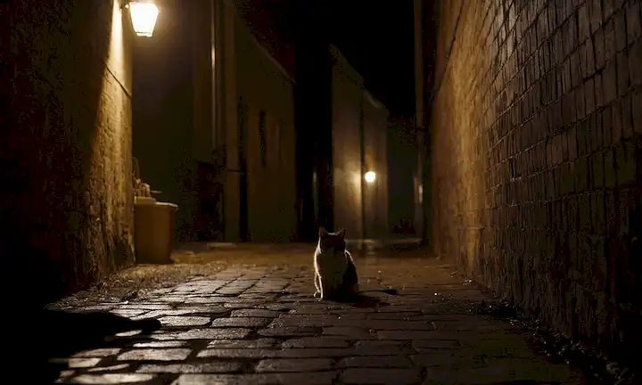 Una escena dramática con un callejón oscuro y sombrío, con sombras arrojadas sobre las paredes, una luz de luna débil que brilla, un gato acostado inmóvil, un par de ojos mirando hacia atrás de la oscuridad, un rastro débil de sangre que conduce, un silencio extraño que rodea la escena, un aire de misterio y tragedia