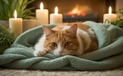 Una escena cálida y acogedora con un gato o un perro enrollado sobre una manta suave