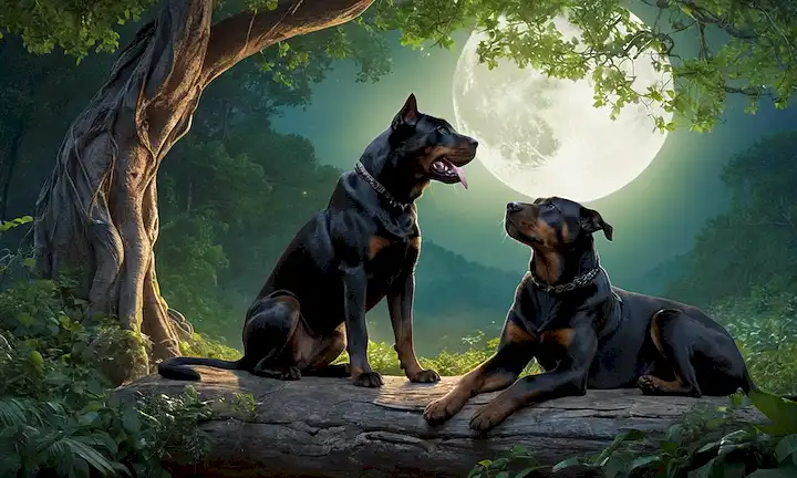 2 panteras, una negra y un rotweiller, sentados debajo de una luna llena brillante, rodeados de frondoso bosque verde, con vides enredadas alrededor de troncos de árboles, un arroyo corriendo en el fondo, y un aura malvada que los rodea