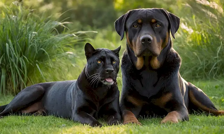2 animales adultos, pantera negra y Rottweiler, sentados tranquilamente unos a otros en terrenos pastosos, compartiendo un momento de afecto, con sombras tibias de la luz del sol, rodeadas de exuberante vegetación, transportando coexistencia pacífica