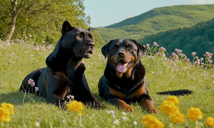 Una foto de una pantera negra de aspecto suave y un rottweiler juguetón sentado junto en una ladera de hierba, con flores que florecen alrededor de ellos, en la cálida luz del sol, en medio de mariposas fluttering, con un paisaje forestal sereno en el fondo