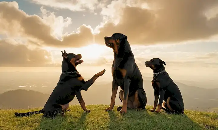 Pantera Negra y Rottweiler sentados juntos en una ladera de hierba, la pata Lunas alcanzando la cabeza para mascotas Venzas, luz del sol brillando, nubes suaves en el fondo, ambos perros mirando uno al otro con expresiones cariñosas