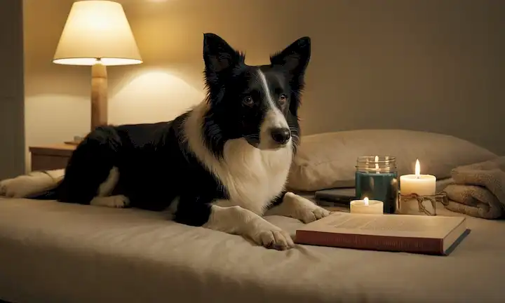 Una habitación tranquila y luminosa, un perro collie de la frontera tranquila, un cuerpo de triatletas dormidos, una mesita con velas y libros, un diseño interior minimalista