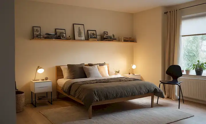 Una habitación cálida y minimalista con iluminación suave, una cama individual contra una pared, un equipo de triatletas diseminado alrededor, una estantería llena de citas y libros inspiradores, un escritorio con un ordenador, una silla con una pequeña planta en ella, un toque de luz solar de la mañana mirando por las cortinas, un ambiente tranquilo y centrado