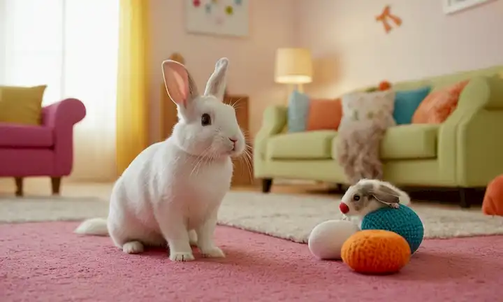 3-4 animales lindos y juguetonos, como un conejo, gato, hámster y/o perro, sentados o jugando juntos en un salón luminoso y colorido o lugar de juego con juguetes y muebles, rodeados de suave luz y colores cálidos