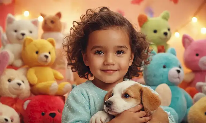 Un niño feliz con una linda mascota, rodeada de juguetes y fondo colorido, con iluminación suave y colores cálidos