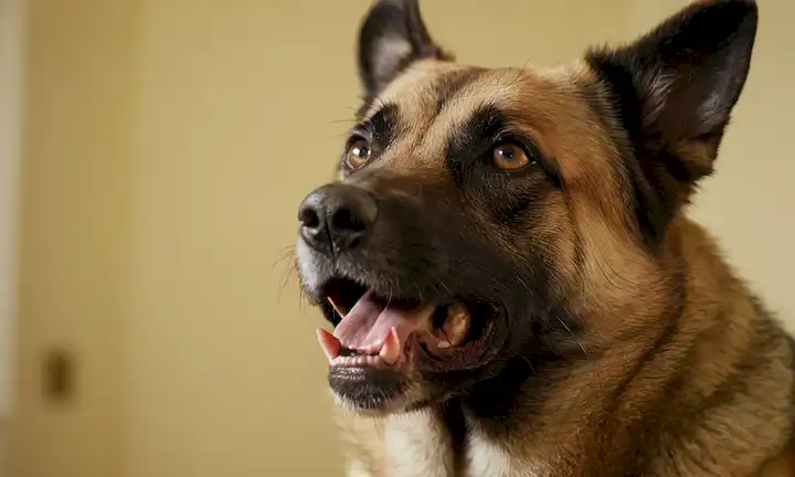 Un disparo de cerca de un perro con tendencias agresivas, sus ojos y oídos se centraron en algo, piel de pie en el extremo, mandíbulas ligeramente abiertas, con un fondo borroso para transmitir una sensación de tensión