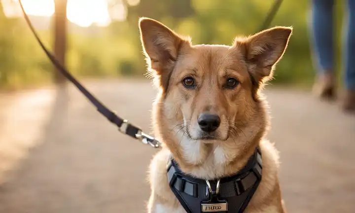 Un perro tranquilo y gentil con una expresión neutral, con un arnés y correa, rodeado de colores de fondo suaves y borrosos, con sombras sutiles y relieves para transmitir seguridad y protección, con una figura humana a la distancia, quizás leyendo o consultando una guía, transmitiendo un sentido de atención cuidadosa