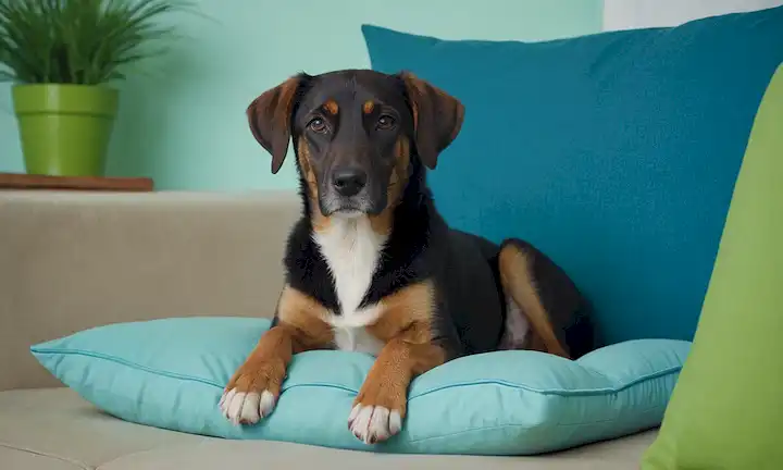 un perro tranquilo con ojos suaves, sentado en un cojín suave, rodeado de colores calmantes como azul y verde, sin objetos afilados cerca, en una habitación bien iluminada con un fondo calmante, que representa la serenidad y la tranquilidad
