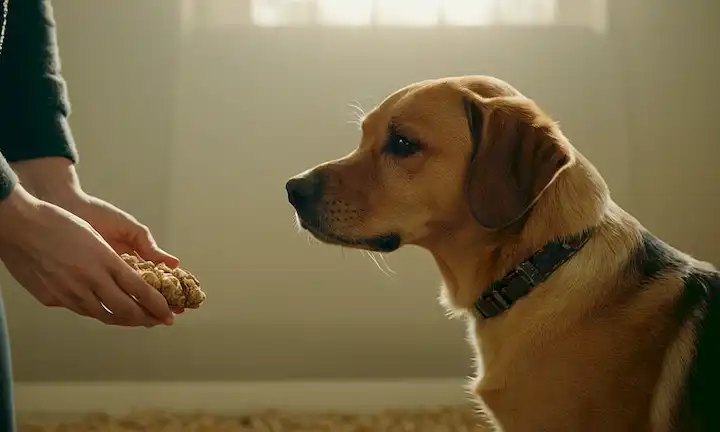 Un perro tranquilo, una persona gentil, manos sujetando golosinas, un fondo tranquilo, iluminación suave, sin cadenas o correas, espacio abierto para el movimiento, un sentido sutil de confianza