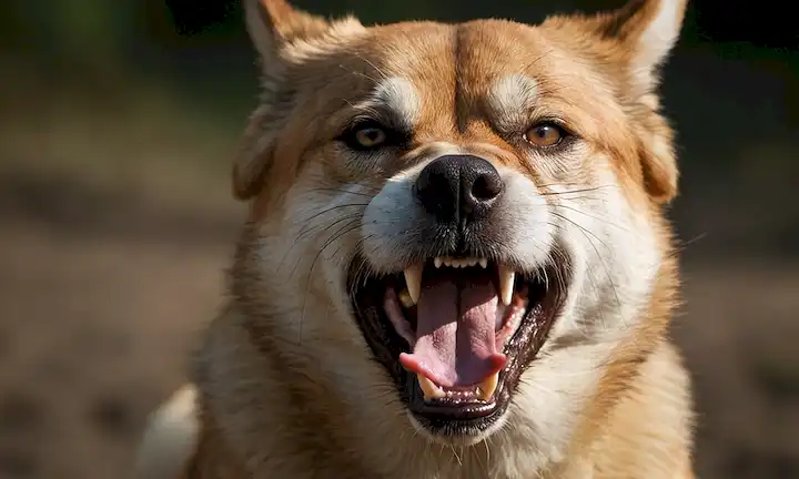 Un disparo de cerca de una cara de perros gruñidos con hackles elevados y dientes afilados, una postura gruñida con orejas puestas atrás, un lenguaje corporal tenso con extremidades rígidas, un fondo oscuro para aislar al animal, mirada intensa de los ojos de los perros, un toque de saliva goteando de su boca