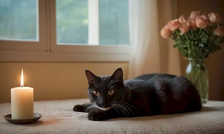 Un fondo suave y calmante con un suave gradiente de luz a azul oscuro; una vela cálida y reconfortante o un ramo de flores en primer plano; una mascota serena (por ejemplo gato, perro) acostada a su lado o en una posición acogedora; sutil afeitado y resaltante para enfatizar la textura de la piel de las mascotas; un sentido de intimidad y ternura irradiando de la escena