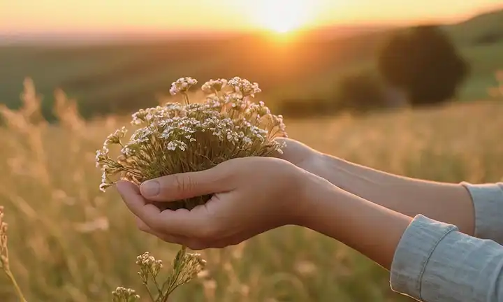 suave fondo de puesta del sol, flores de acuarela tranquilas, una mano que anhela un animal, enfoque suave, iluminación suave, ambiente tranquilo, ojos de animales cerrados, postura relajada, expresión humana de compasión y colores sutiles