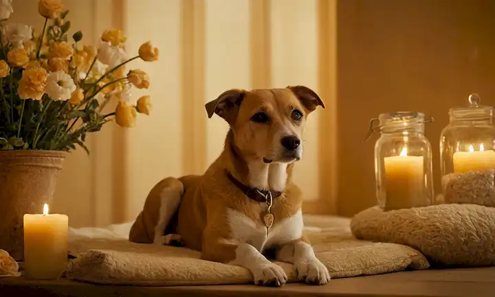 Un suave y serena fondo con una mascota en el centro, rodeado de elementos reconfortantes como flores, velas o luz suave Los ojos de las mascotas están cerrados, transportando paz y calma La escena se coloca en un fondo cálido y dorado con texturas sutiles para evocar sentimientos de calidez y comodidad