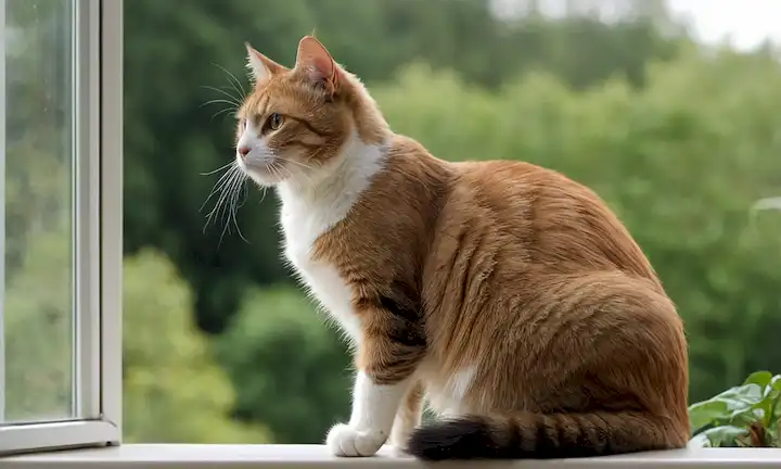 Un gato sentado en una ventana, mirando hacia fuera algo, la cola girando, las orejas perked hacia arriba, silbidos hacia adelante, alerta de ojos, la piel se agita ligeramente, postura tensa y vigilante, con una expresión sutil que sugiere incertidumbre o molestia, rodeado de elementos de fondo borroso como follaje, ramas o cielo