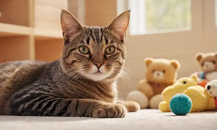 Un gato suave tumbado tranquilamente en una superficie suave, con su cola envuelta alrededor de su cuerpo, rodeado de juguetes y golosinas, con una expresión tranquila en su cara, en una habitación bien iluminada con un tono de color cálido, sin señales de angustia o agitación, y posiblemente con una figura humana en el fondo sonriendo e interactuando con el gato