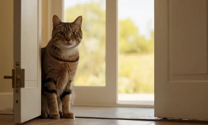 Una cara de gatos con una expresión confusa, un fondo tranquilo, una puerta o ventana parcialmente abierta, un juguete o dos dispersos alrededor, suave luz solar, sombras suaves, y un sutil borrón en primer plano para implicar movimiento