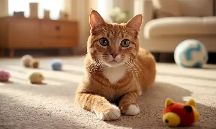 Una cara de gatos con ojos anchos, ceja surcada, y boca ligeramente abierta, una pata levantada, sobre un fondo borroso; un salón cálido y acogedor con juguetes dispersos, un jarrón con flores u otros artículos del hogar; iluminación suave con sombras suaves; un sentido de incomodidad o molestia transportado a través de la postura de gatos