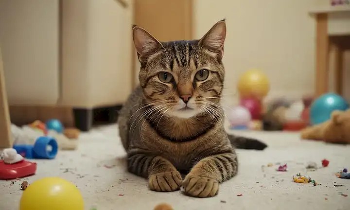 Un gato con una expresión molesta, acostado en un piso desordenado, rodeado de juguetes y objetos dispersos, con un fondo borroso para transportar caos y desorden