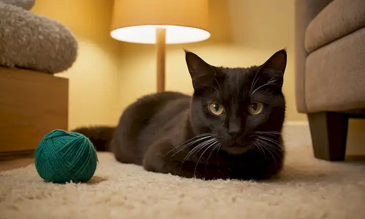 Un gato con ojos curiosos, mandíbulas suaves, y demeanor juguetono, acurrucado junto a un post o almohadilla de rasguño, rodeado de juguetes, una bola de hilo, o un teaser de plumas; la escena se encuentra en una habitación acogedora con iluminación cálida y alfombras de felpa; el ambiente general es tranquilo y acogedor