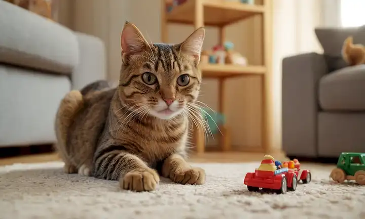 Un gato curioso con una lengua fuera, extendiendo su pata para tocar una mano humana, rodeado de juguetes y postes de rasguño, con un fondo borroso que sugiere un acogedor salón