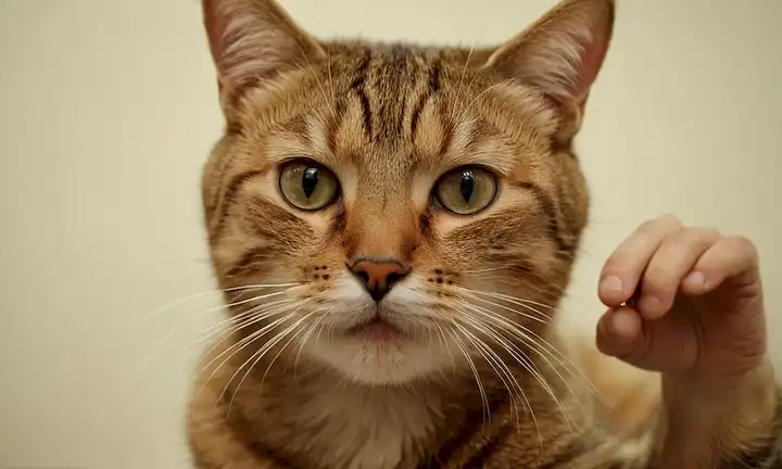 Los gatos se enfrentan con una expresión traviesa, una mano humana o un brazo en el fondo, garras extendidas, una sutil insinuación de una lucha, un área borrosa o fuera de foco alrededor de la extremidad humana para transmitir caos y desorden