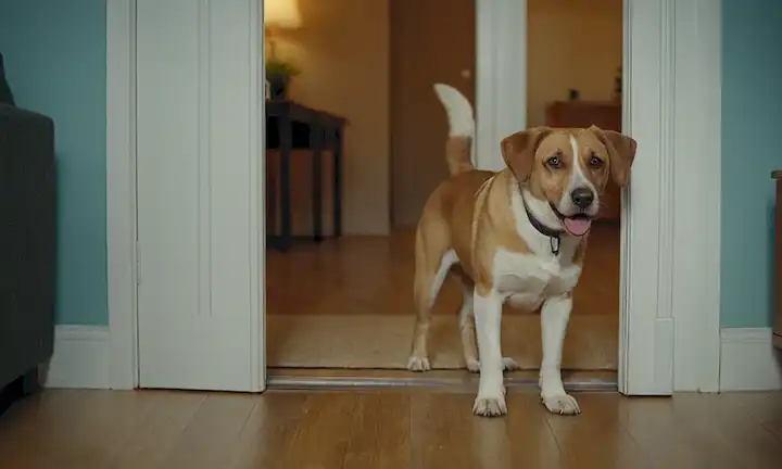 Happy dog with wagging tail, standing near open door with hesitant expression, sweet owner holding treat in hand, calm background with no distracciones