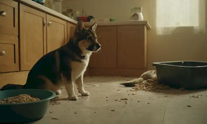 3-4 mascotas tristes / olvidadas (perro / gatos), una sala desordenada, un cuenco de comida vacía, y una caja de basura