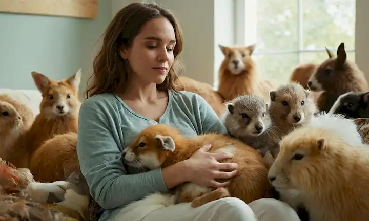 Una mujer de aspecto compasivo rodeada de varios animales furtivos, con uno en su regazo, otro rebosado junto a ella, y más en el fondo, todos transmiten un sentido de comodidad y confianza, con suave iluminación natural y colores sutiles, evocando sentimientos de calidez y ternura