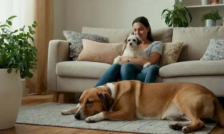 un cálido salón con un sofá acogedor, un perro feliz acostado en él, un miembro de la familia acariciando la cabeza de los perros, una planta en la esquina, suave luz natural, cómodas decoraciones, y un sentido de la santidad