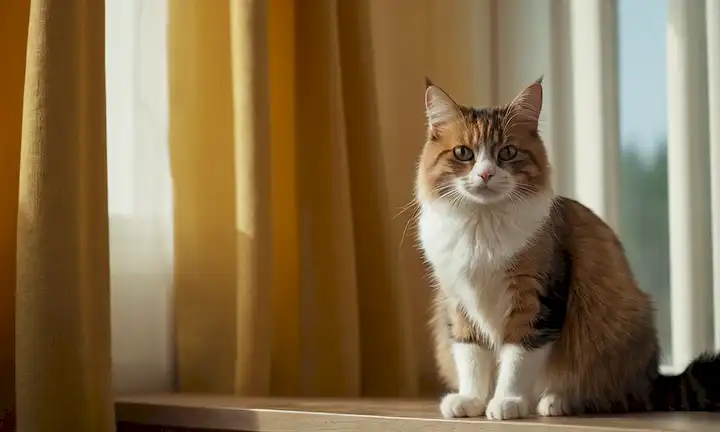 Un gato sentado en un ventanal con cortinas abiertas, mirando hacia fuera algo exterior, oídos inclinados hacia arriba, silbidos girar, cola sostenida vertical, y los ojos enfocados deliberadamente, rodeado de sutiles indicios de la presencia humana, como una silla o un jarrón en el fondo, transmitiendo un sentido de atención silenciosa
