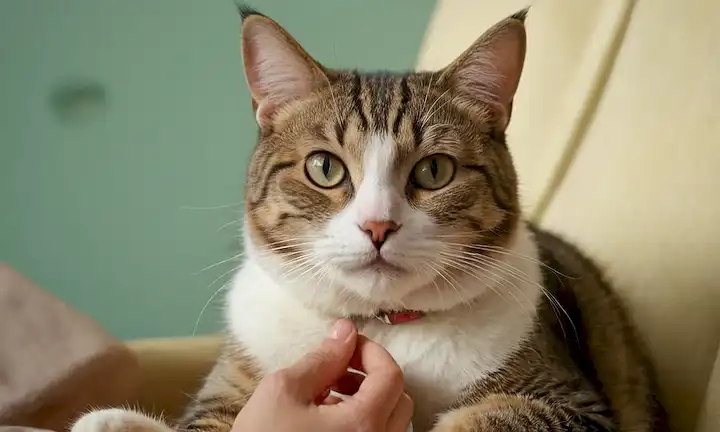 Un gato feliz sentado en un regazo humano